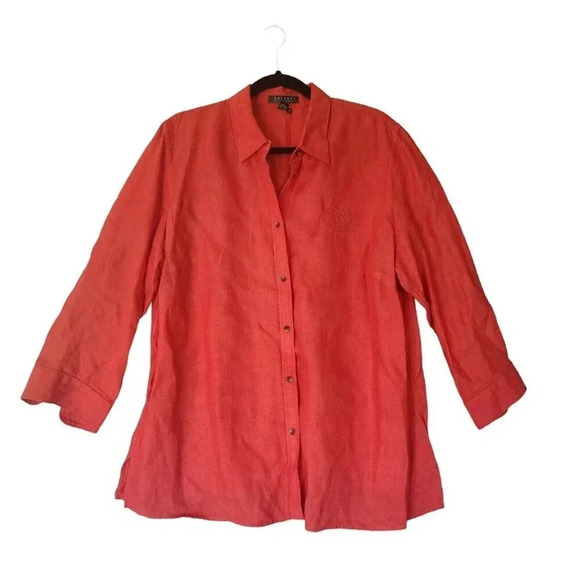 Lauren Ralph Lauren Button Down Shirt Women's 1X Orange Red Embroidered Logo - Picture 2 of 7
